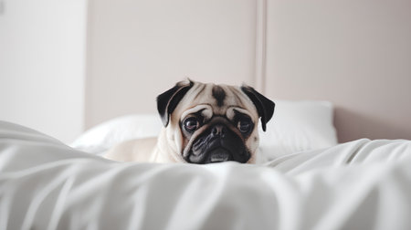 Cute pug dog lying on the bed in the morning.の素材