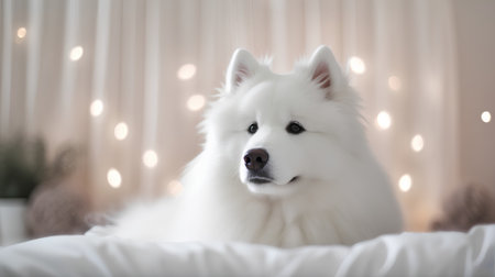 Cute Samoyed dog on bed in room decorated for Christmasの素材