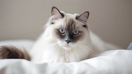 beautiful long-haired ragdoll cat lying on the bedの素材