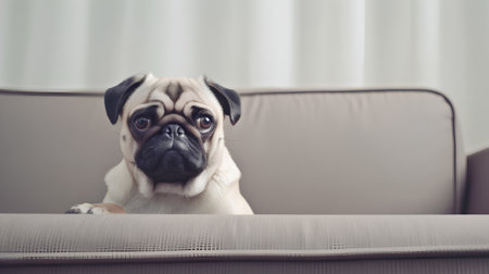 Cute pug dog looking at camera while sitting on sofa at homeの素材