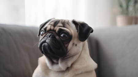 Pug dog sitting on sofa at home. Cute pug dog looking at camera.の素材