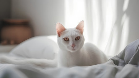 White cat lying on the bed in the morning. Selective focus.の素材