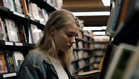 Portrait of a young woman reading a book in a library.の素材