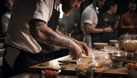 Male chef preparing a meal in a restaurant kitchen, close-upの素材