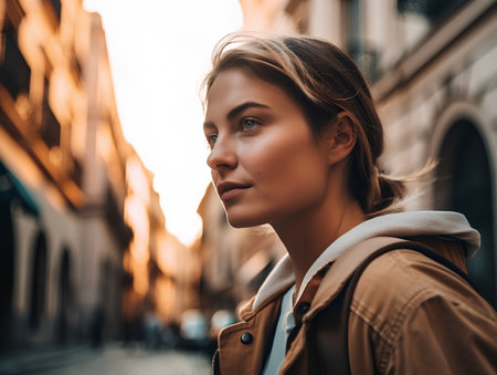 Portrait of a beautiful girl in a beige coat on a city streetの素材