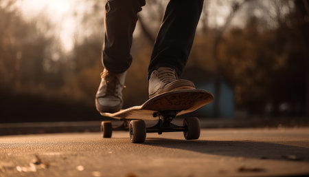 Skateboarder skateboarding on the road in the park.の素材