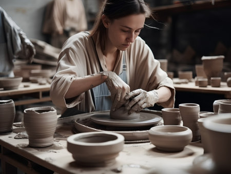 Young female potter working on pottery wheel in pottery workshopの素材