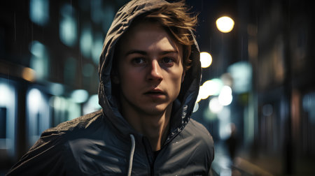 Portrait of a young man in the city at night, looking at camera.の素材