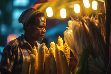 Indian man selling corn at night market in Kolkata, Indiaの素材
