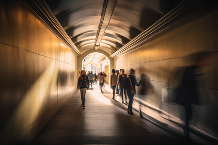 Group of people walking in tunnel with light at night, motion blurの素材