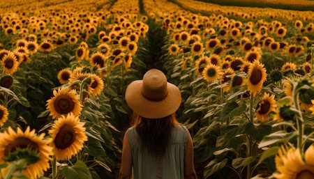 Young woman in hat standing in sunflower field and looking at sunflowersの素材