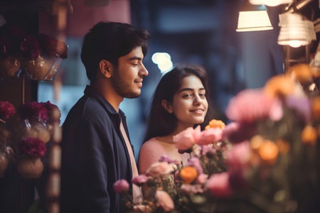 Beautiful young couple in love florist shop with flowers.の素材