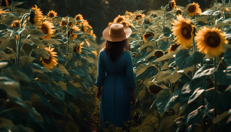 Young beautiful woman in a field of sunflowers at sunset.の素材