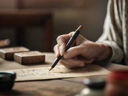 Woman writing a letter with a fountain pen on a wooden table.の素材