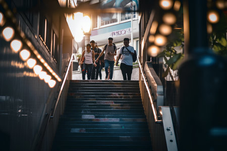 Group of friends walking down the stairs in the city at sunset.の素材