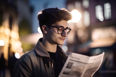 Young man in glasses reading newspaper in the city at night, backlitの素材