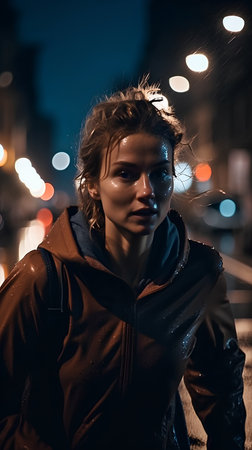 Beautiful young woman walking in the city at night, looking at camera.の素材