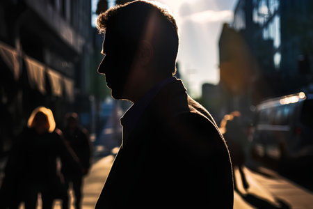 Silhouette of a man in a business suit on the streetの素材