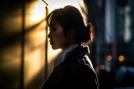 Woman walking on the street at night in the light of the setting sunの素材
