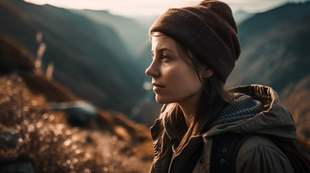 Portrait of a beautiful young woman with a hat in the mountainsの素材