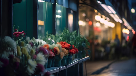 Bouquets of flowers in a shop window at night.の素材