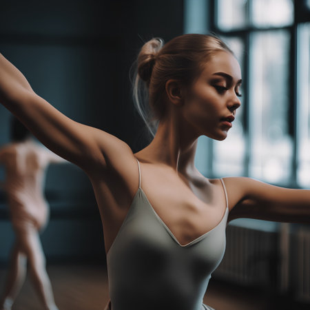 Side view of young sportive woman doing stretching exercise in gym.の素材