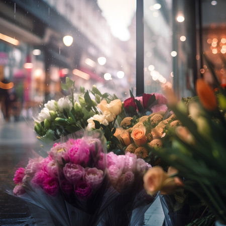 Bouquet of flowers in a shop window with lights on backgroundの素材
