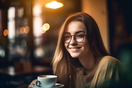 Portrait of a happy young woman with cup of coffee in cafeの素材