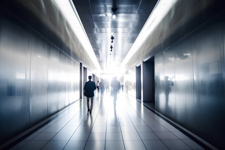 Man walking in the corridor of a modern business center. Motion blurの素材