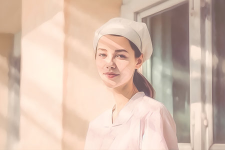 Portrait of a beautiful young female doctor in a white coat.の素材
