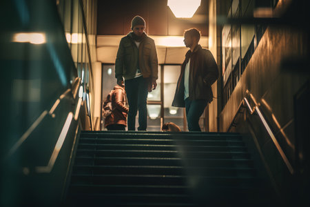 Two male friends walking down the stairs in the city at night.の素材