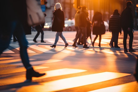 Pedestrian crossing in the city at sunset. People on the backgroundの素材