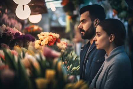 Beautiful young couple florists are working in a flower shop.の素材