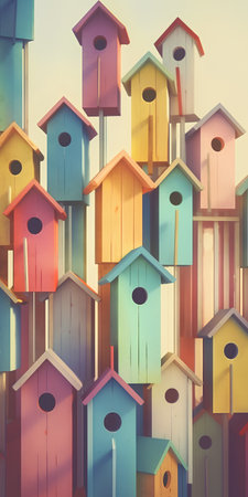 Colorful birdhouses in a row on sky background. Vintage style.の素材