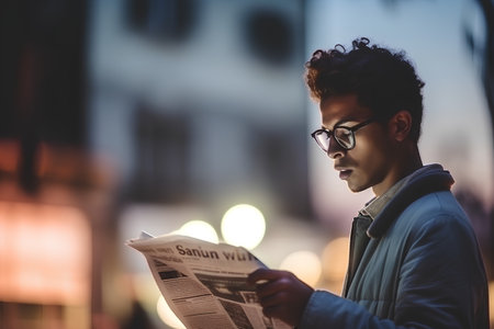 Portrait of young man reading newspaper in the city at night.の素材