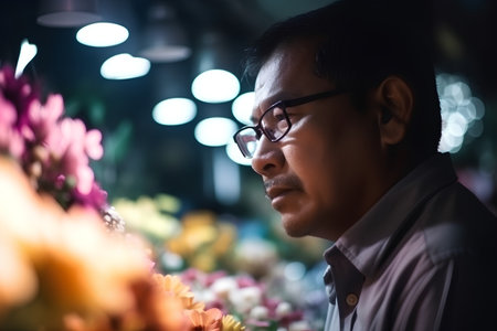 Portrait of a handsome asian man wearing eyeglasses in flower shopの素材