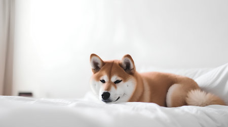 Shiba inu dog lying on white bed at home. Copy spaceの素材