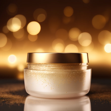 Cosmetic cream in golden bottle on bokeh background, closeupの素材