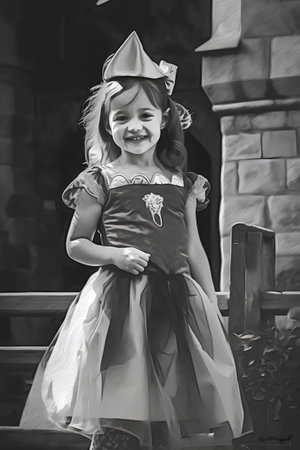 Little girl in a beautiful dress in the amusement park. Black and white.の素材