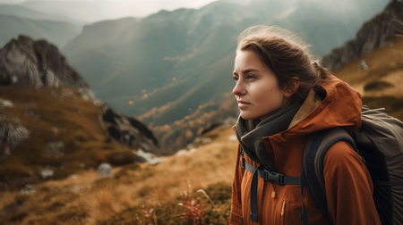 Portrait of young woman hiker with backpack in the mountains.の素材