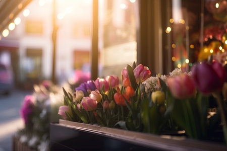 Tulips in a flower shop in Paris, France. Selective focus.の素材