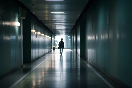 Silhouette of a woman walking in the corridor of an office buildingの素材