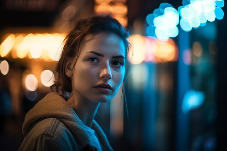 Portrait of a beautiful young woman in the city at night.の素材