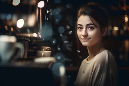 Portrait of a young woman barista with coffee machine at workの素材