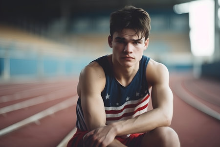 Portrait of a young man sitting on the running track and looking at cameraの素材