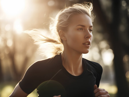 Portrait of a beautiful young woman running in the park at sunsetの素材