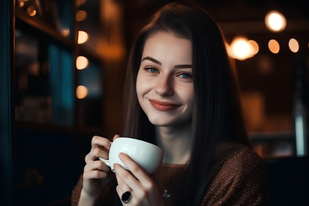 Beautiful young woman with cup of coffee in cafe at night.の素材