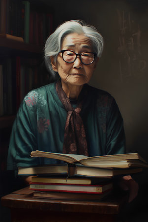 Portrait of an old woman reading a book in the library.の素材
