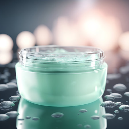 cosmetic cream in a glass jar on a dark background with dropsの素材