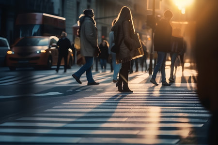 pedestrian crossing in the city at sunset, silhouettes of peopleの素材